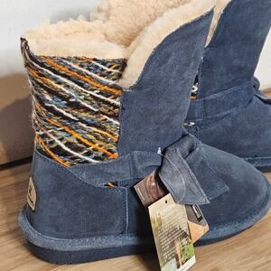 Bearpaw Women's Geneva Blue Suede Shearling Boots Sheepskin Wool Bow Size 7 NEW
